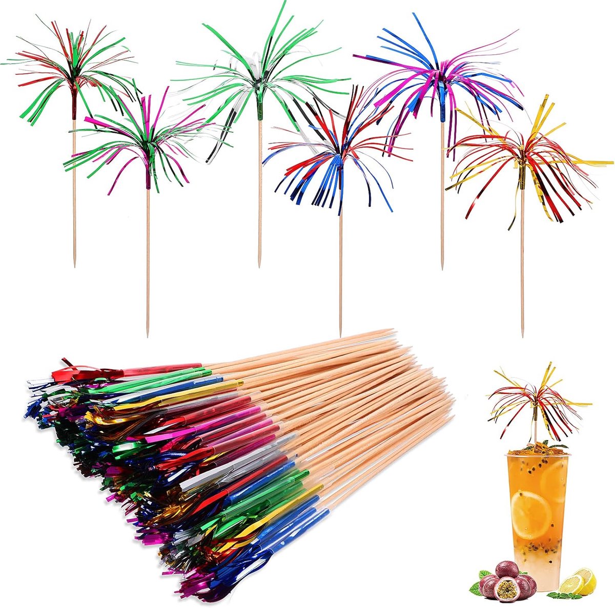 100 stuks cocktail, vuurwerkdecoratie, paraplu, cocktailpalm, cocktailspies, dubbellaags, meerkleurig, cocktailparaplu, fruittandenstokers voor feest, verjaardag, bar, dranken