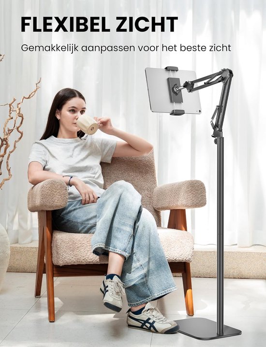 vloerstandaard, 360-graden opvouwbare iPad-standaard, verstelbare tabletstandaard voor iPad/Kindle/telefoon/Tabs/E-readers of andere 4,7 ~ 12,9-inch schermapparaten (zwart) — afbeelding 2