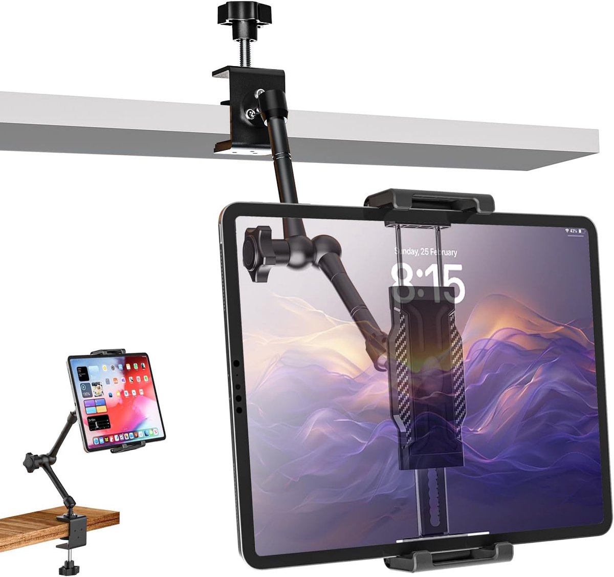 Keuken Tablet Houder [Geschikt voor Tafelblad & Kast] Plank Tablet Mount Klem met Verstelbare Metalen Arm voor iPad Pro 12.9 Air Mini, Galaxy Tab Ultra, Switch, 6-14.6"