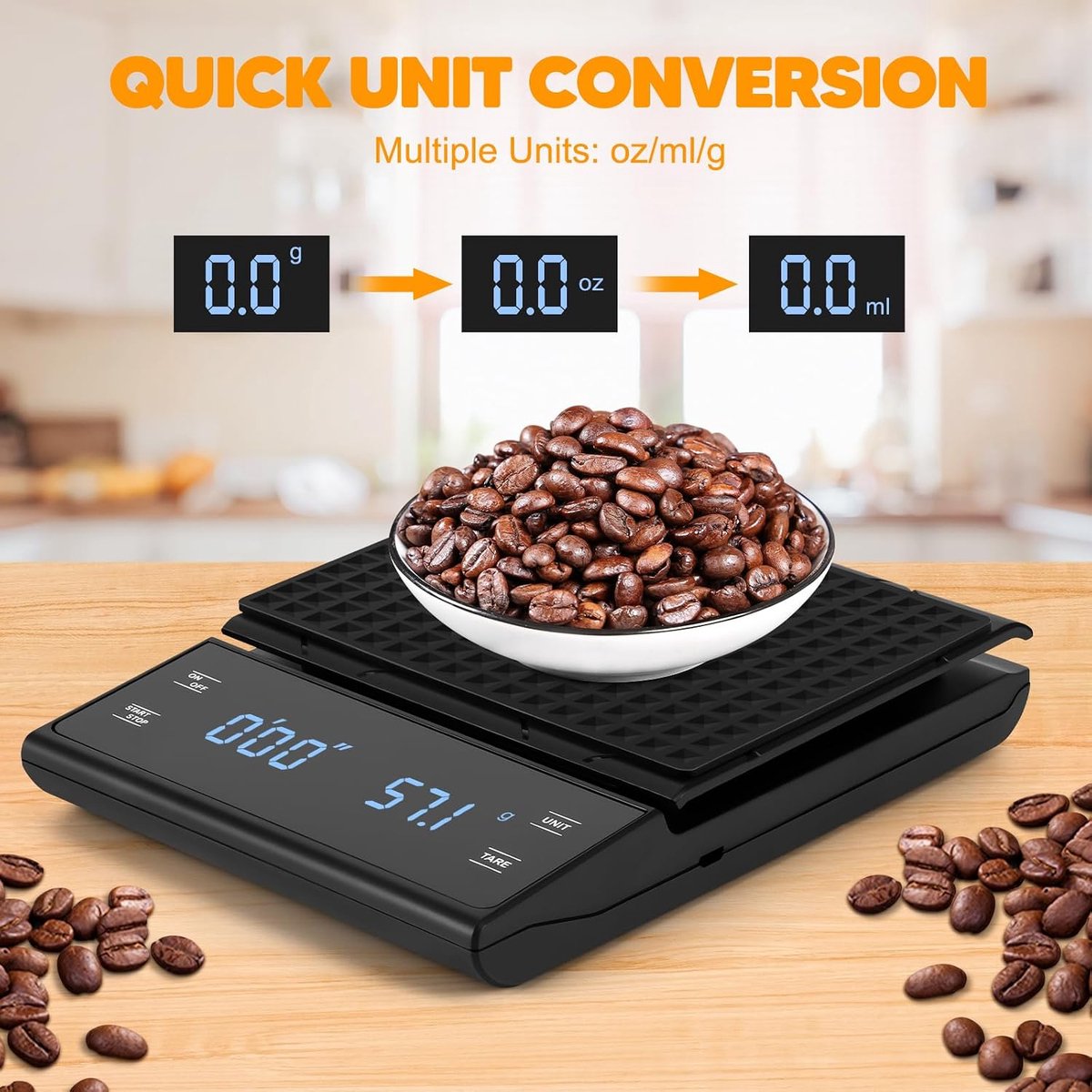 Digitale koffieweegschaal, van 0,1 g tot 3 kg, werkt op batterijen, espressoweegschaal met timer, multifunctionele weegschaal, keukenweegschaal voor thuisgebruik in de keuken en op kantoor