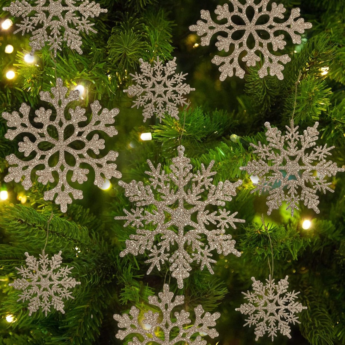 36Pcs Kerst Champagne Gouden Sneeuwvlok Ornamenten Plastic Glitter Sneeuwvlokken Ornamenten Voor Winter Kerstboom Decoraties Grootte Varieert Craft Sneeuwvlokken