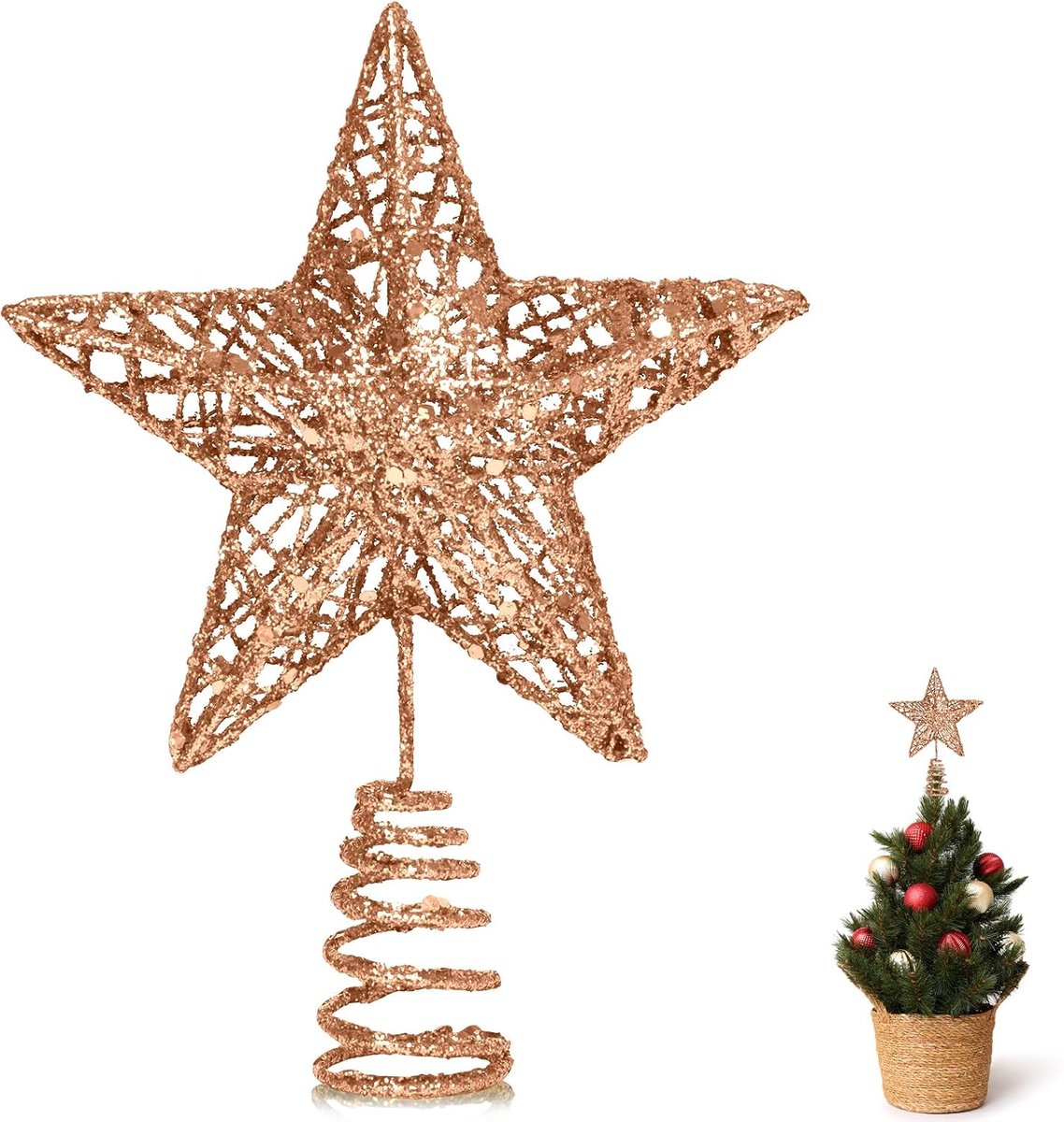 kleine ster, glitter, 3D metallic, kerstboompiek, dennenboom, punt, ster voor kerstboom, kerstboomversiering, 15 x 12 cm (champagne, S)