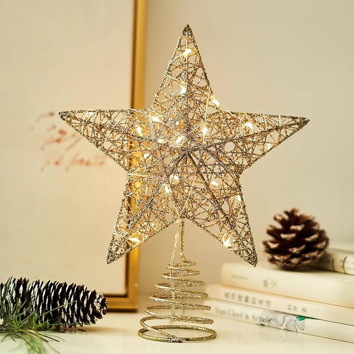 kerstboomtopper, kerstboomtopper gouden ster, kerstboomtopper en dennenboom opzetter voor kerstversiering en kerstdecoratie Seizoensdecoratie