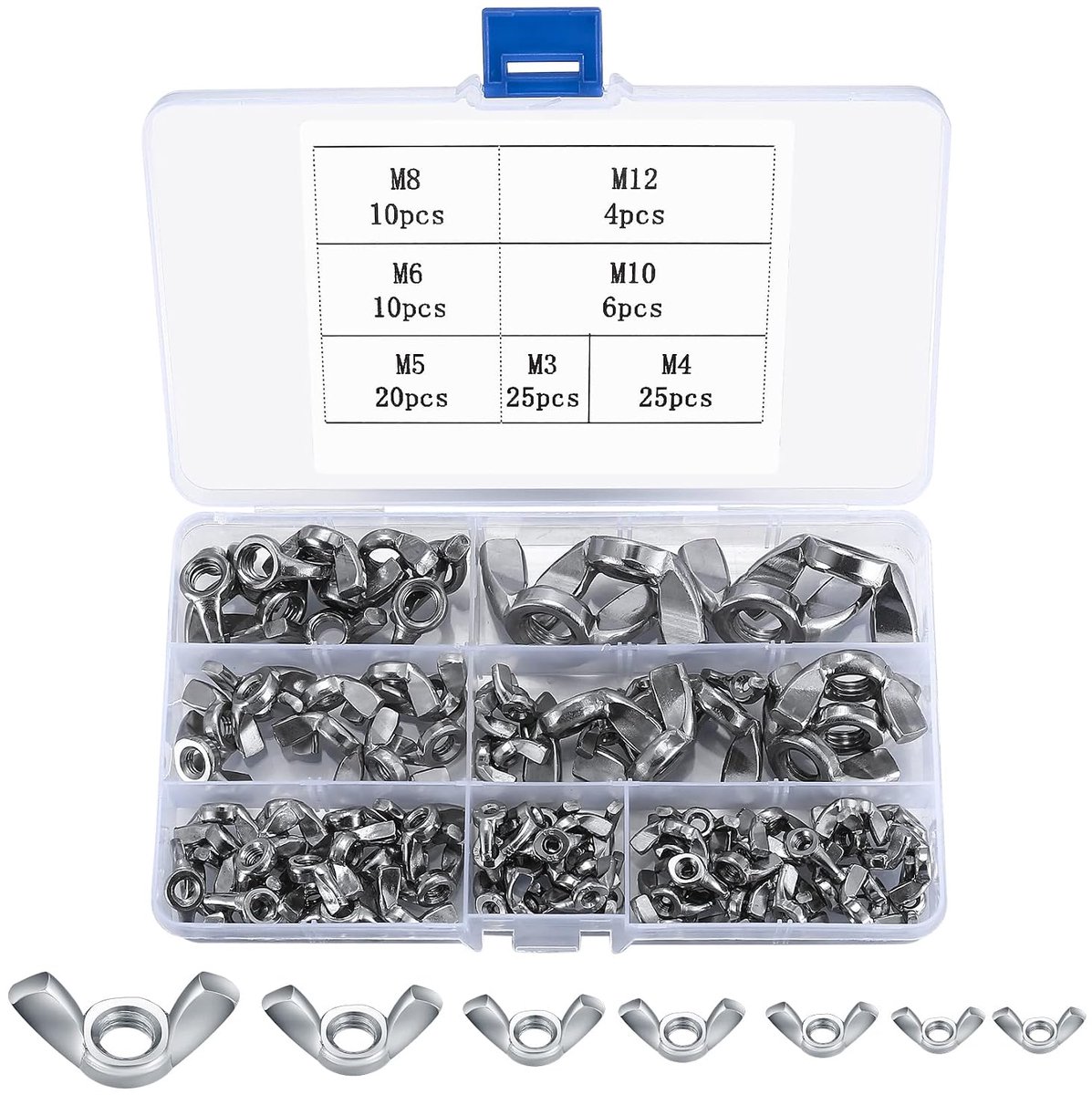 100-delig Vlindermoer Assortiment Kit, Roestvrij Staal Vlinderschroeven, Vleugelmoer Kits voor Doe-het-zelf Gereedschap, Elektronische Apparaten, Machineonderdelen, M3/M4/M5/M6/M8/M10/M12