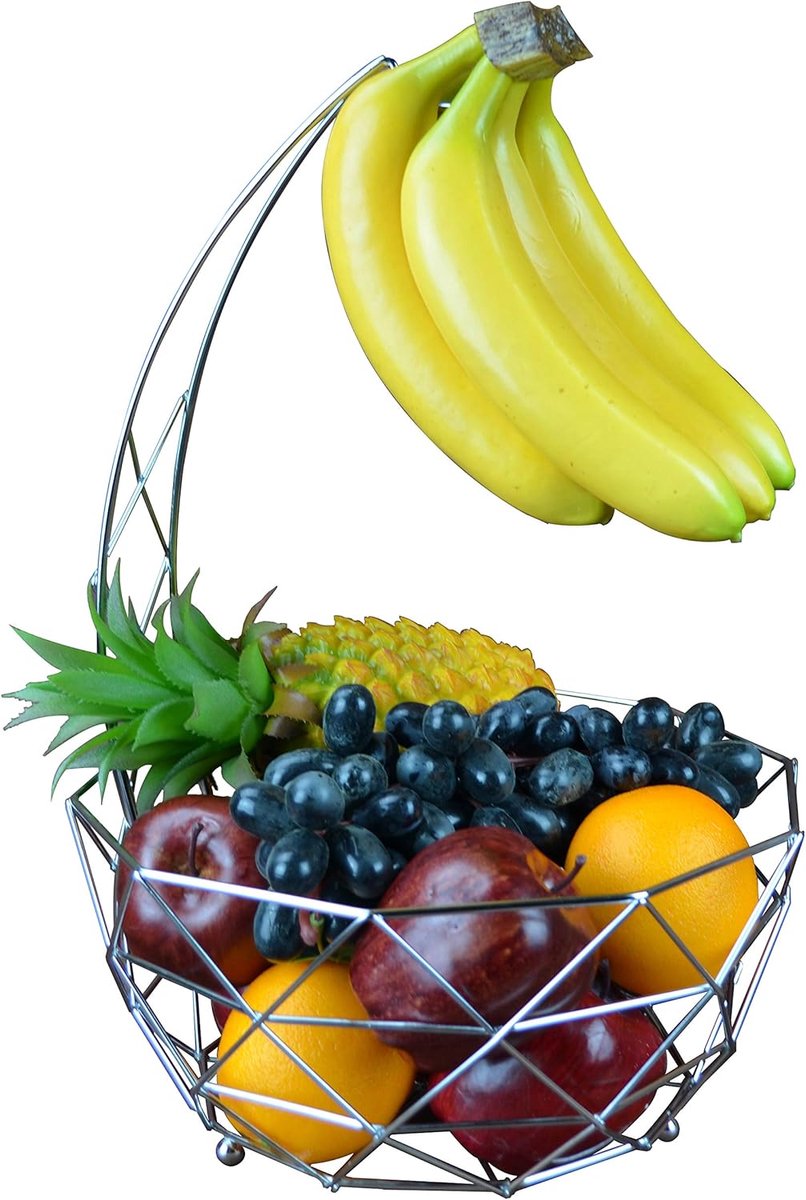 fruitmand zilver met bananenhanger, chromen afwerking