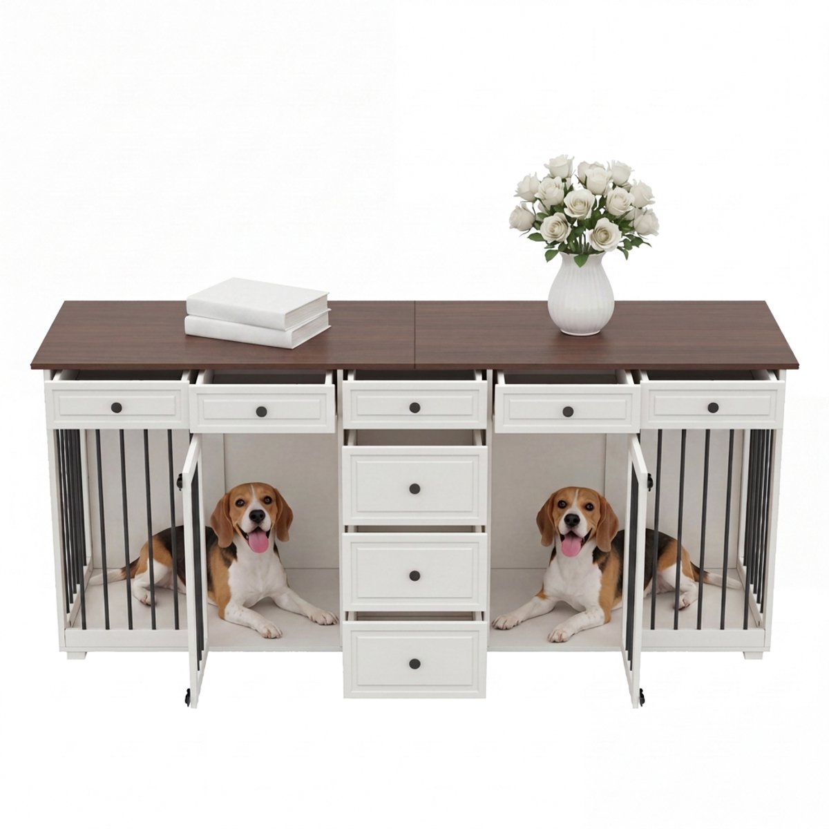 Hondenbench meubel - TV meubel hondenbench - Indoor hondenhok - 8 lades - Veiligheidsslot - Woonkamer - 200x60x85 cm - Walnoot wit
