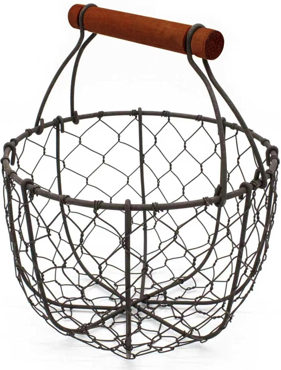 Ronde eiermand van kippendraad fruitmand met houten handvat vintage plukmand. Rusty
