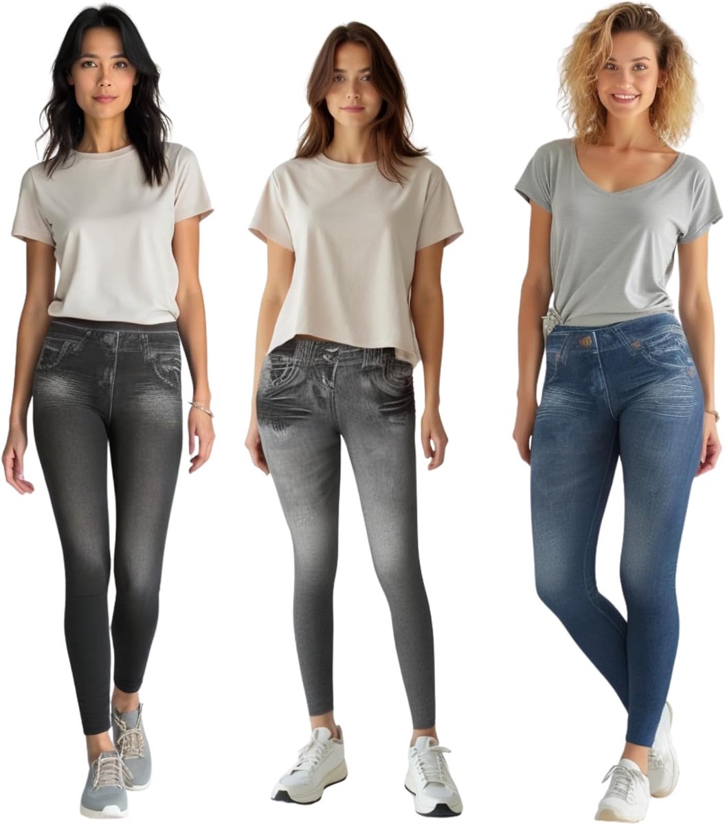 3-pack Jeggings Dames in Jeanslook – Elastische en Vormgevende Leggings Zonder Naden – Comfortabele Broek met Hoge Taille Zonder Rits – Blauw, Zwart en Grijs