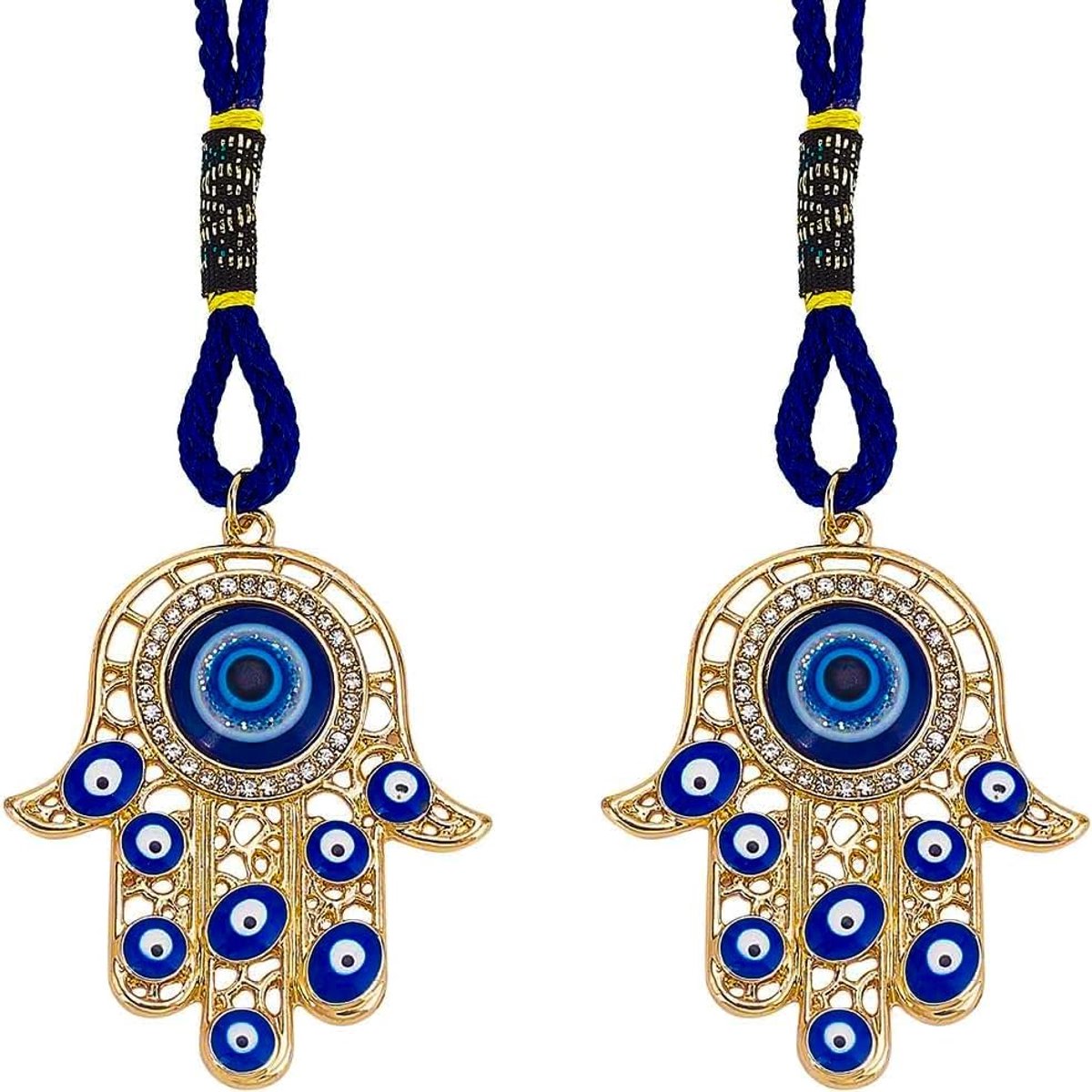 2 stks Hamsa Hand Amulet Hanger Hand van Miriam met Boze Oog Opknoping Ornament Hanger Decoraties Blauw Lucky Bescherming Legering Email Decor Accessoires Gift voor Auto Achteruitkijkspiegel