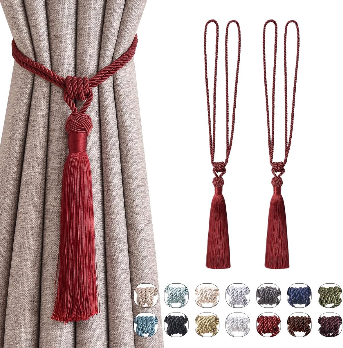 Jolly 2 Pack Handgemaakte Gordijn Tiebacks Touw Kwastje Tie-Backs Holdbacks voor Office Thuis Decoratieve Drapery Tiebacks (Wine rood)