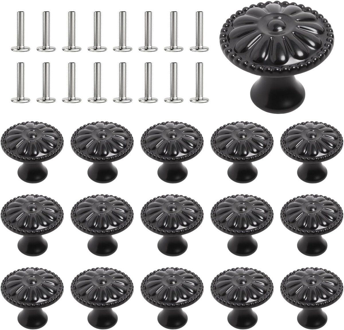 16 stuks vintage kastknoppen, 30 mm ronde zwarte meubelknoppen met schroeven - Bloemendesign commodeknoppen voor lades, kledingkasten, keuken- en badkamermeubels