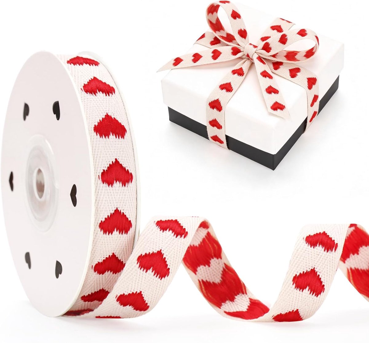 15 mm katoenen cadeaulint met rode hartjes: 10 meter lint voor geschenkverpakking, geborduurde jacquardlint voor Valentijnsdag, bruiloftsdecoraties