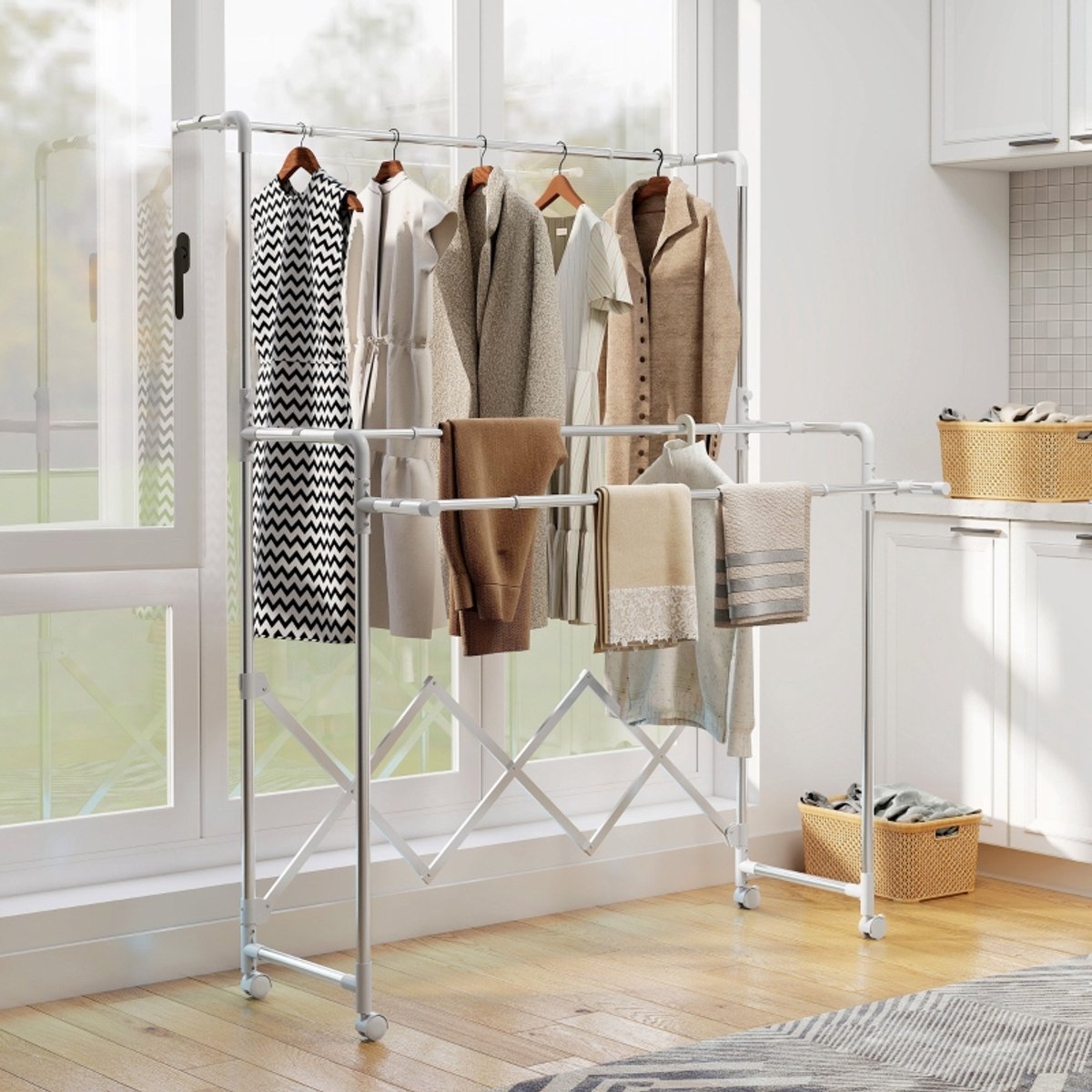STILVORA Droogtoren – 150 x 103 x 197 cm – Verstelbaar En Inklapbaar – Roestvrij Staal – Zilver – Met Wielen Voor Binnen En Buiten