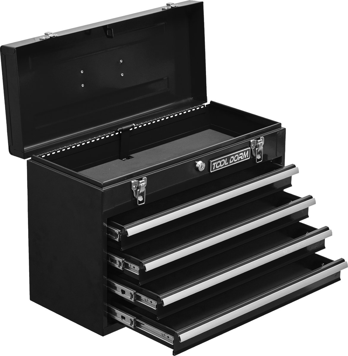 OKWISH Gereedschapskoffer – 51,5 x 23,1 x 30 cm – 4 Laden Met Bovenvak – Metaal – Zwart – Met Slot En Draaggreep