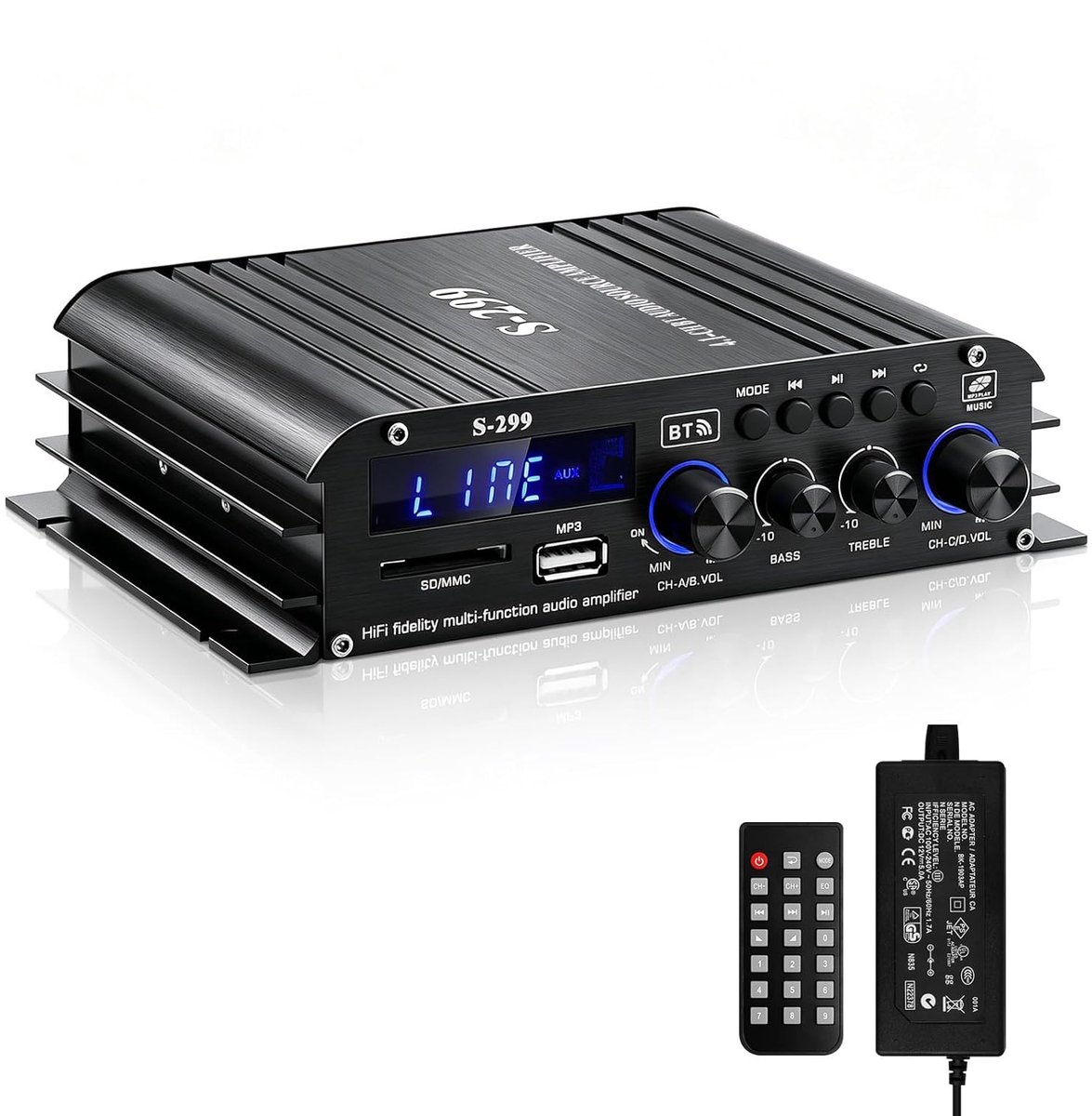 SnelShoppen - HiFi Versterker met Bluetooth 4.1 Kanaal 40Wx4 + 50W Max 800W Mini Audio Versterker met USB SD Slot, AUX, FM Radio voor Thuis Speakers