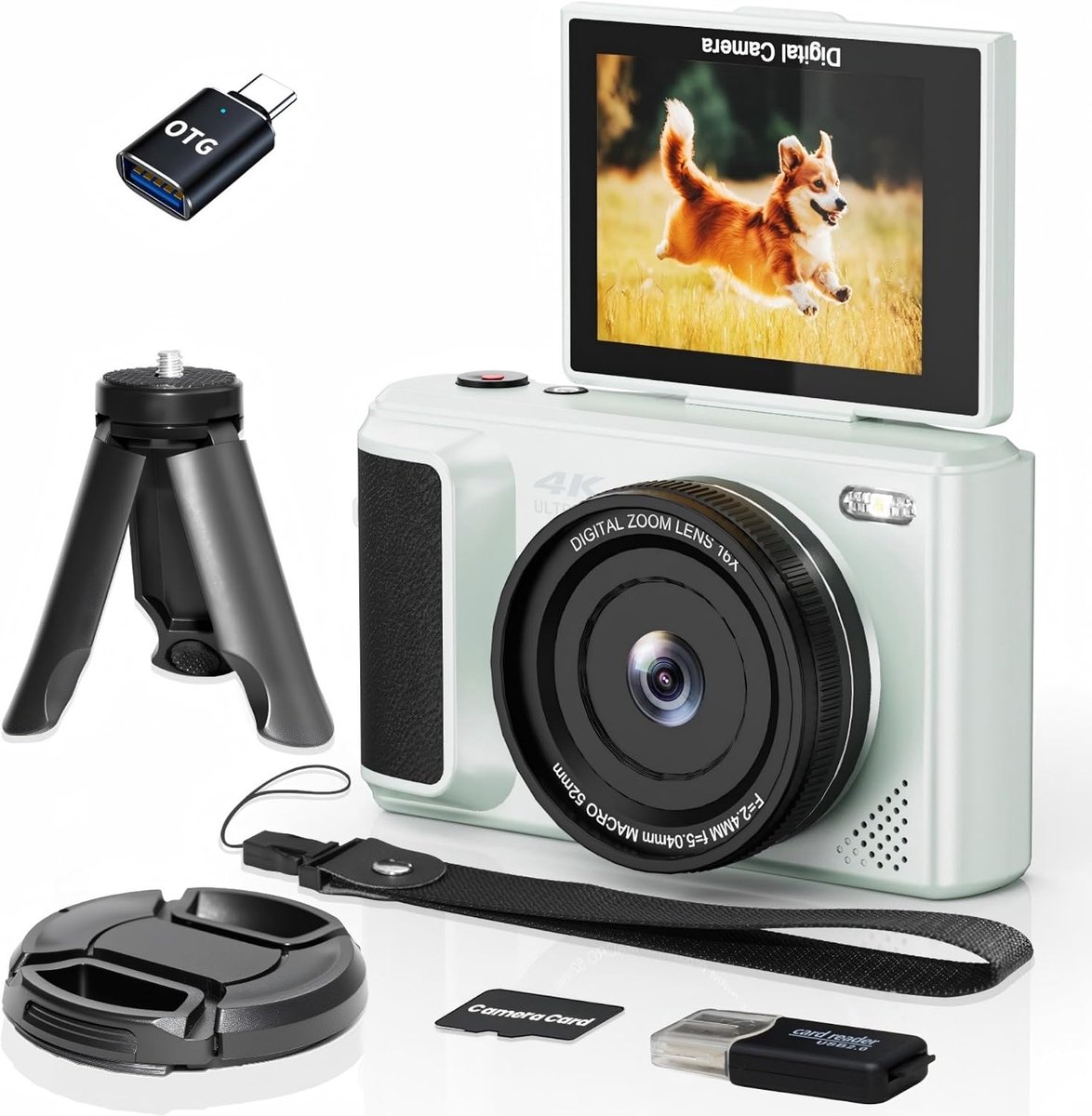 SnelShoppen - 4K Digitale Camera met 2.8" Rotatiescherm, 16X Zoom, Compact Reiscamera, Inclusief Geheugenkaart en 1500mAh Batterij voor Vloggen en Fot
