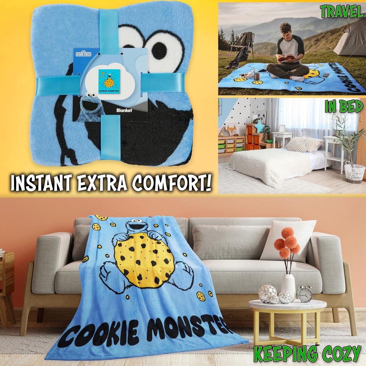 SnelShoppen - Knuffel Fleece Dekentje 130 x 150 cm voor Kinderen, Tieners en Volwassenen, Fluffy Dekbed voor Sofa en Bed, Ideaal als Cookie Monster Ca