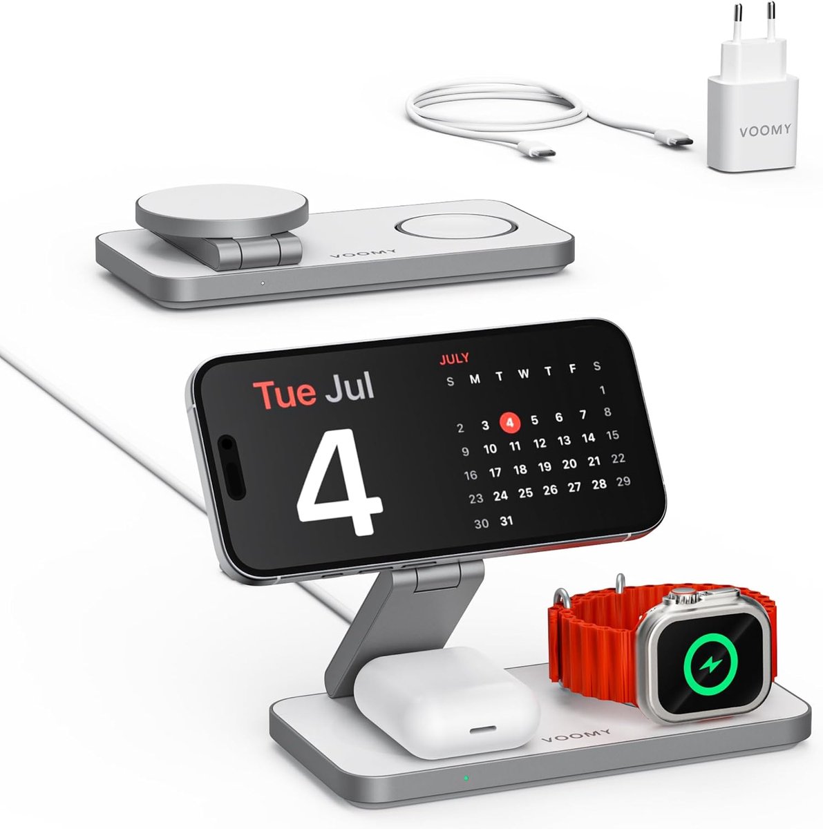 SnelShoppen - Draadloos Oplaadstation 3-in-1 voor iPhone, Apple Watch en AirPods - Snellader tot 15W - Vouwbaar en Draagbaar - Wit - Perfect voor Thui