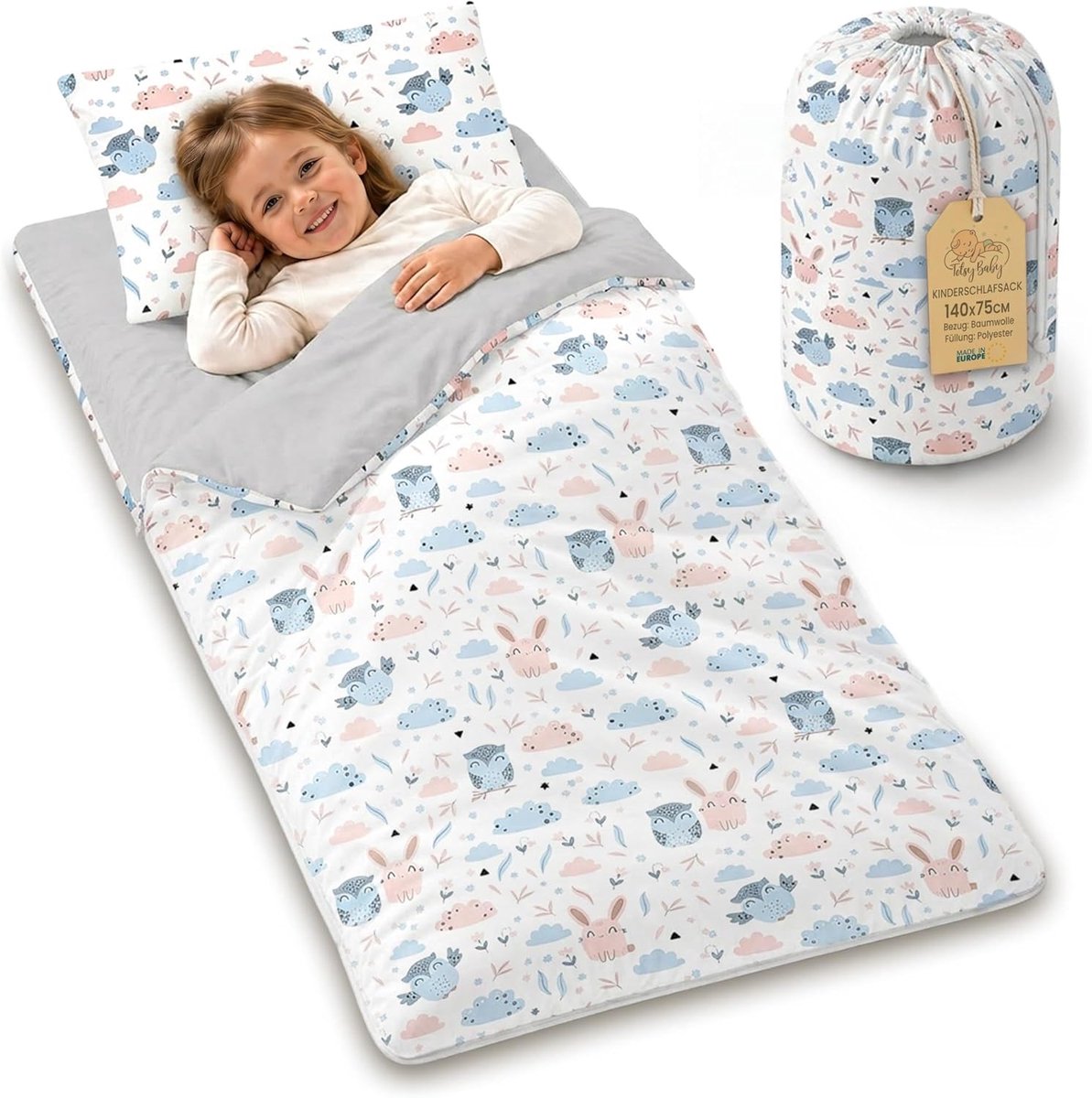 SnelShoppen - Kinderslaapzak met Kussen en Rits voor Baby's 3-7 Jaar - 140 x 75 cm Kinder Slaapzak Binnen voor Peuter, Kleuter, kleurrijke Motieven, I