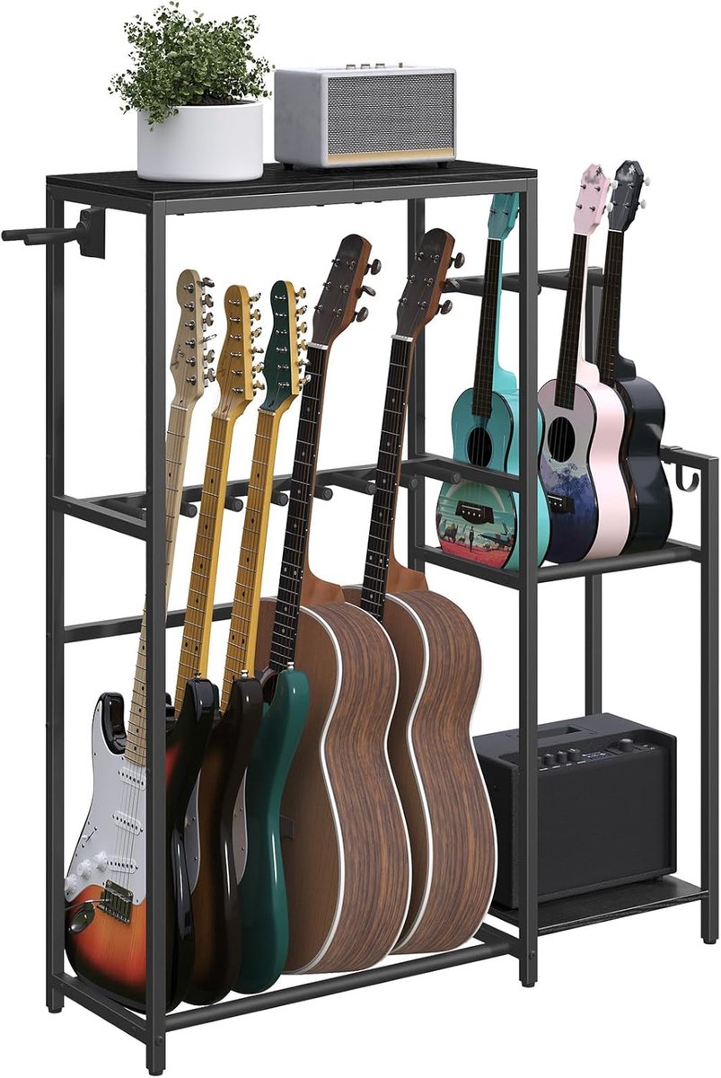 Thijox - Gitaarstandaard voor 11 Gitaren, Akoestische, Elektrische, Bas, Ukelele, Banjo, Presentatiestandaard met EVA-Schuim, Zwart, Ideaal voor Muzie