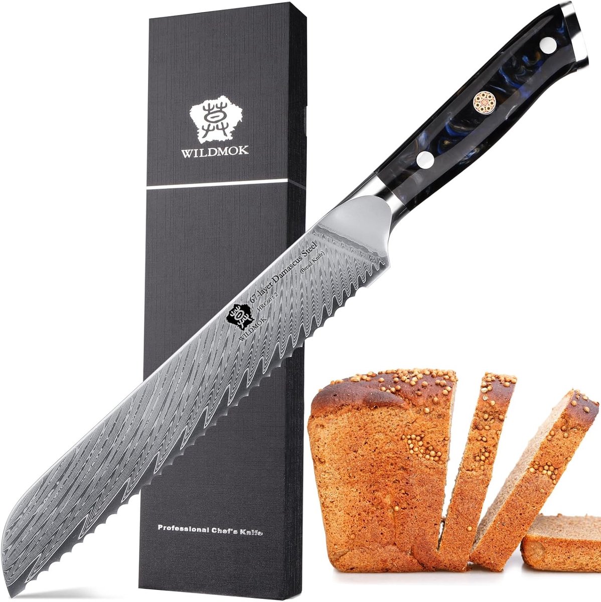 SnelShoppen - Damask Stalen Broodmes 20 cm, Ergonomisch Handvat, Serrated Snijkant voor Perfecte Sneden, Roestvrij, Stijlvol Lente Patroon voor Keuken