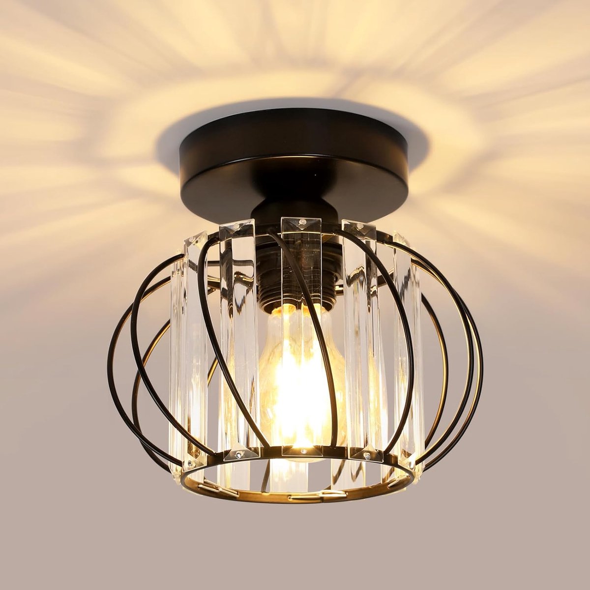 SnelShoppen - Crystal Ceiling Light - Mini Modern Flush Mount Chandelier - Zwart Metalen Kristallen Plafondlamp voor Keuken, Hal, Eetkamer, Woonkamers