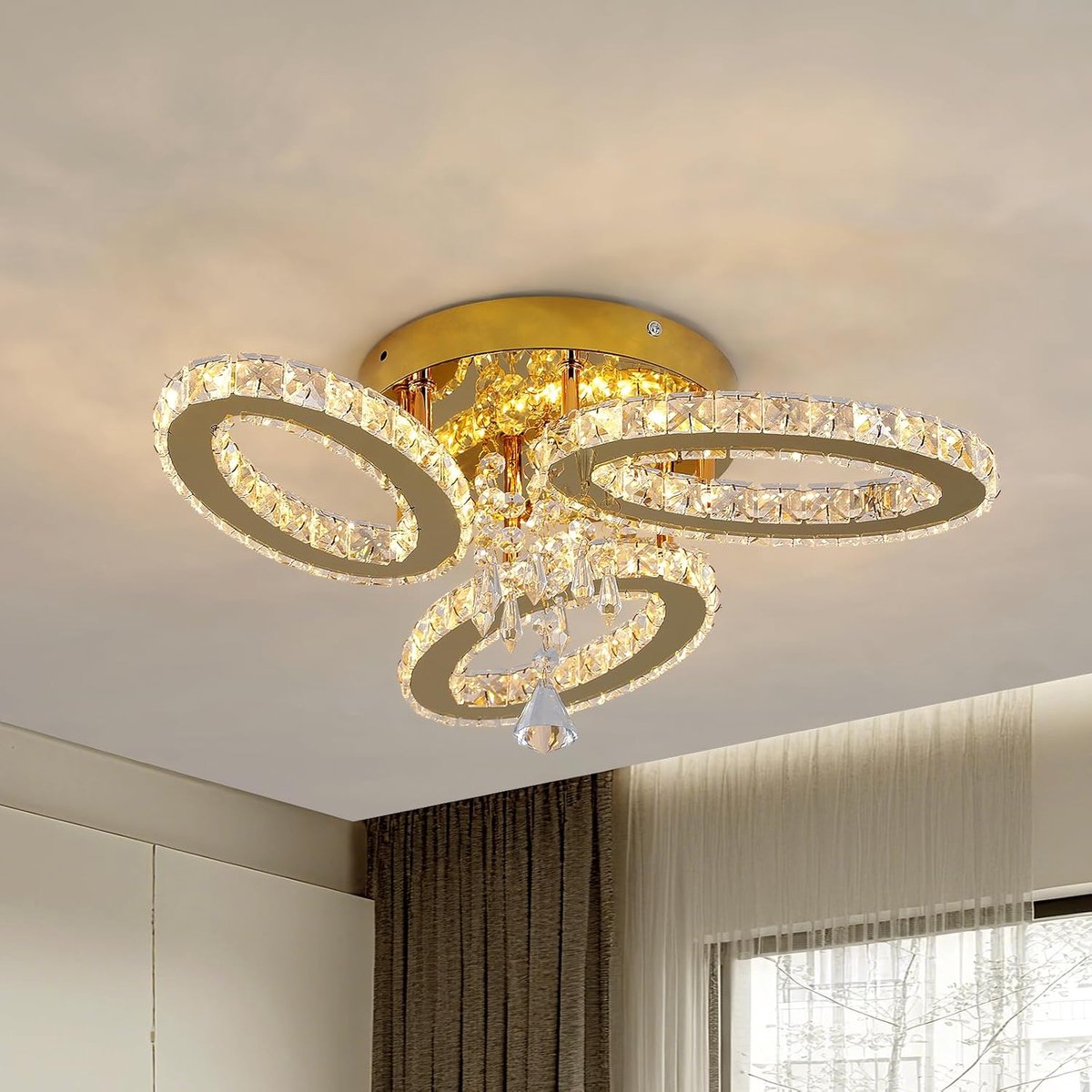 SnelShoppen - Modern Crystal LED Plafondlamp met 3 Gouden Ovalen, Opbouwlamp met Tricolor Verlichting voor Slaapkamer, Keuken, Eetkamer, Gang en Hal