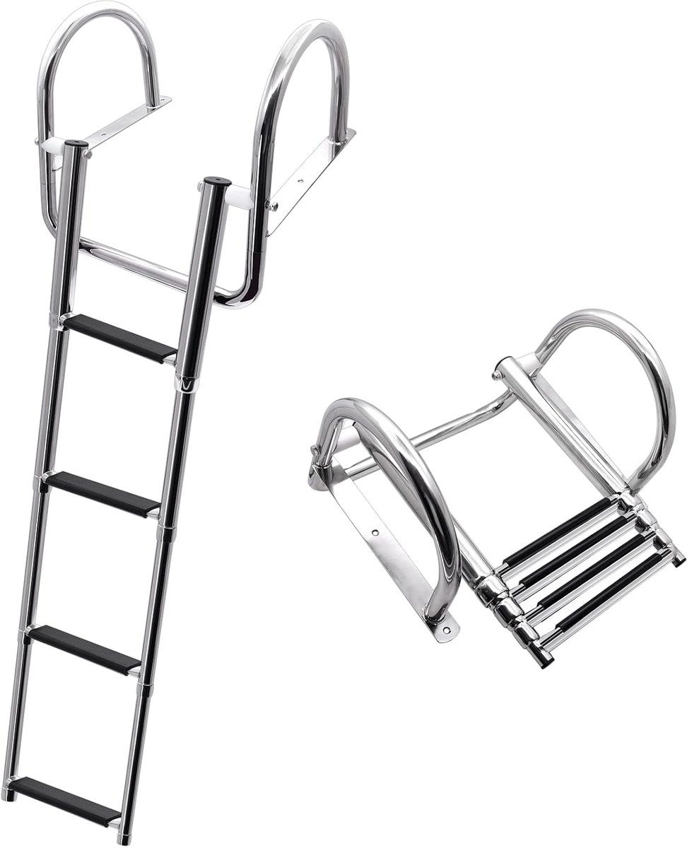 SnelShoppen - Vouwbare Bootladder 4 Trede RVS - Sterke Zwembad Ladder met Grote Handgrepen en Brede Treden - 227kg Draagvermogen voor Bootdek