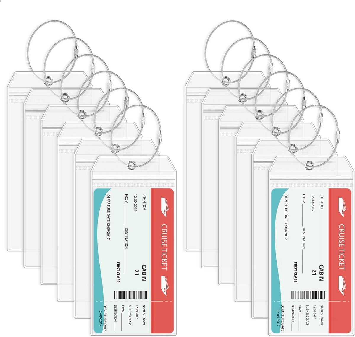 SnelShoppen - 12x Waterproof Cruise Luggage Tag Holders met Ringen, Duidelijke Kofferlabels voor Reizen, Vakantie Accessoires, 18.3x9 cm