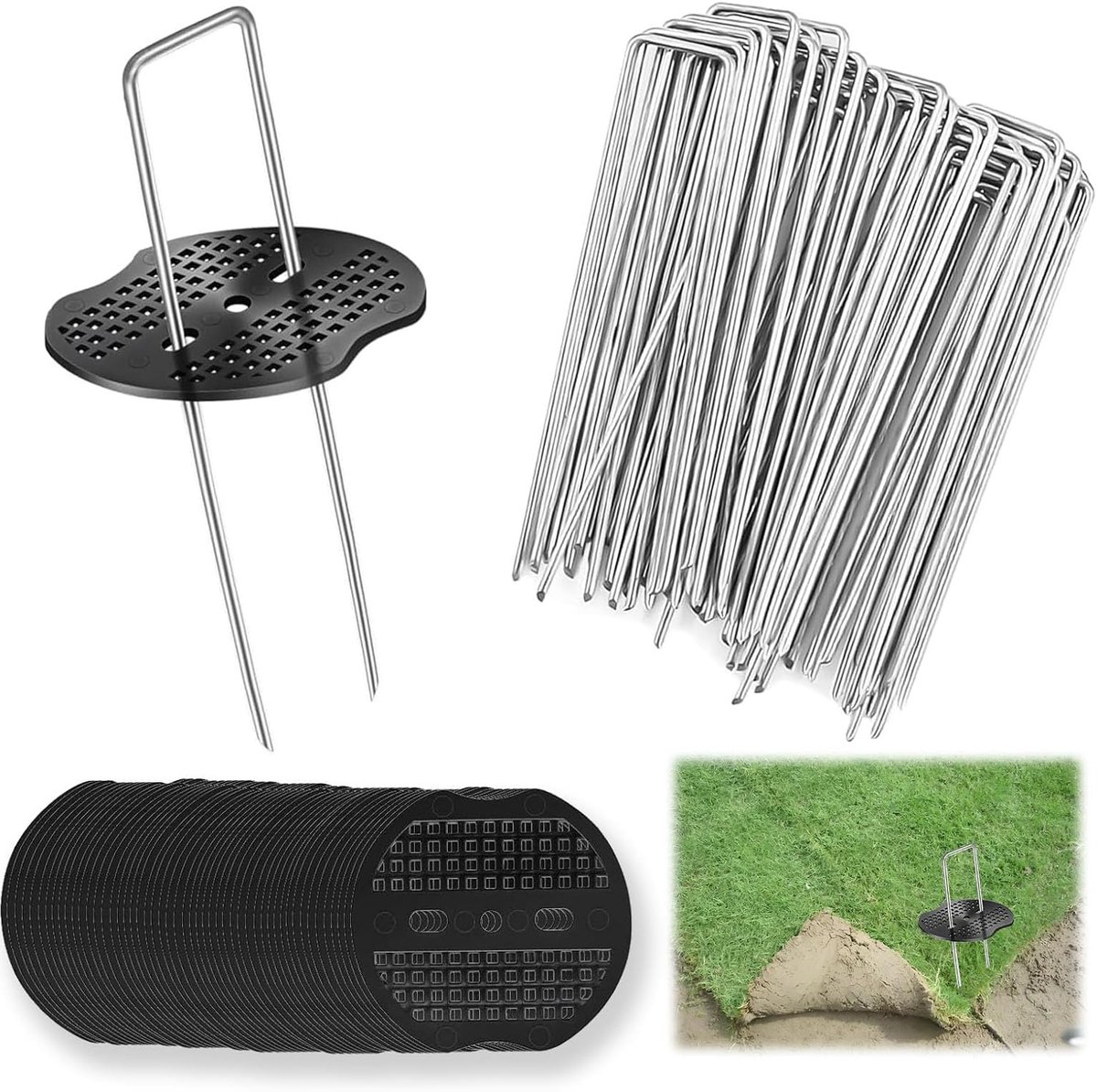 SnelShoppen - Grondankers Grondanker Set van 50 + 50 Wasers, Stalen Haringen voor Bevestiging van Onkruidvlies, Worteldoek voor Tuin en Buiten