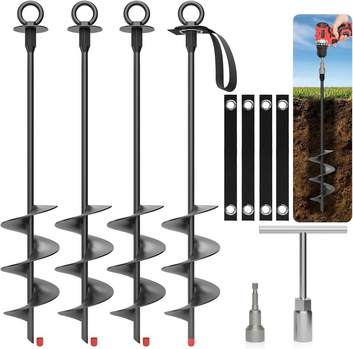 SnelShoppen - Zware Roestvrijstalen Grondankers 45 cm - 4 Stuks Schroefankers met Banden en Montagegereedschap - Windvaste Bevestigingskit voor Trampo