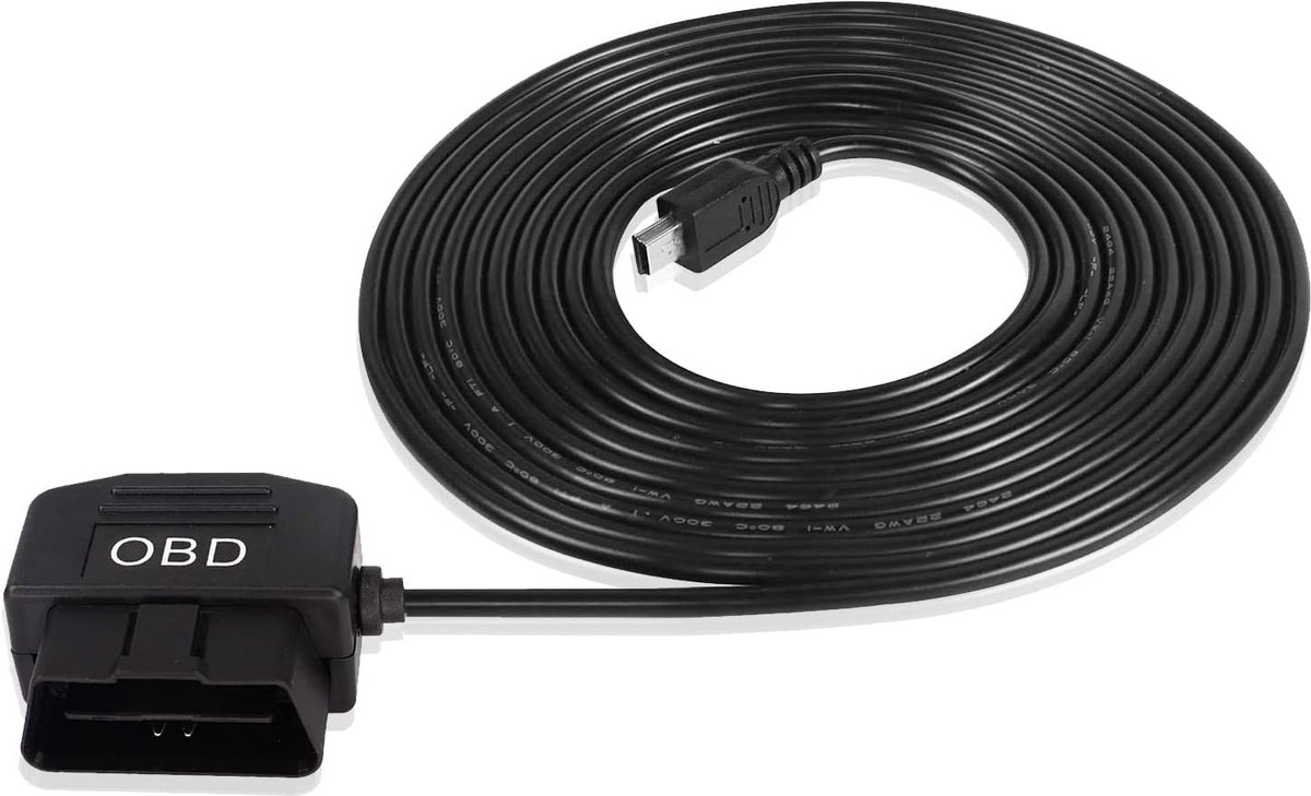 SnelShoppen - OBD2 Power Kabel voor Dashcam, Mini USB OBD2 Aansluiting Hardwired Oplader met Schakelaar - 3.5m 24 Uur Bewaking