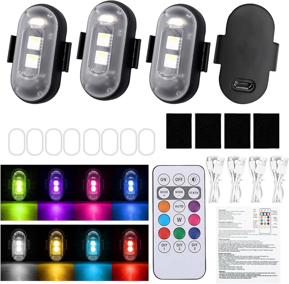 SnelShoppen - Draadloze LED Stroboscooplichten 4 Stuks met Afstandsbediening - 8 Kleuren en 10 Modi voor Drone, Motorfiets, Vrachtwagen, Vliegtuig, Fi