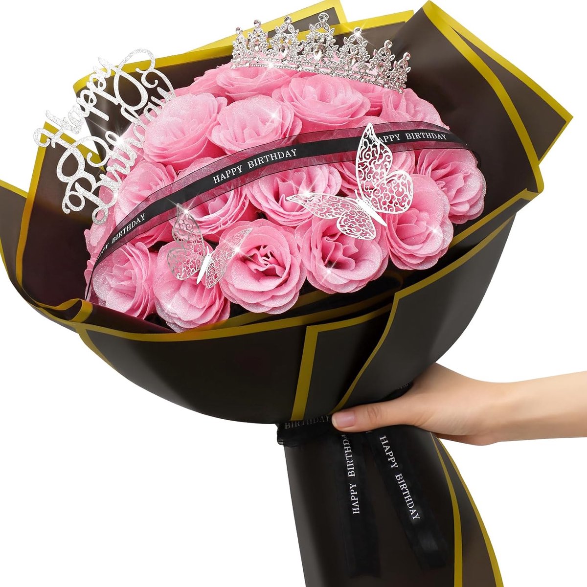 SnelShoppen - Glitter Rozen Boeket 24 Stuks Kunstbloemen met Steel, DIY Cadeau voor Valentijnsdag, Inclusief Kroonkaart en 3D Vlinder Decoratie - Roze