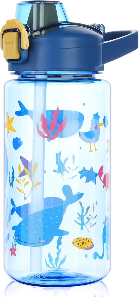 SnelShoppen - 600 ml Kinder Drinkfles met Rietje, Lekvrije en Herbruikbare Waterfles, BPA Vrij, Tritan, Donkerblauw met Zee Dieren voor School en Spor