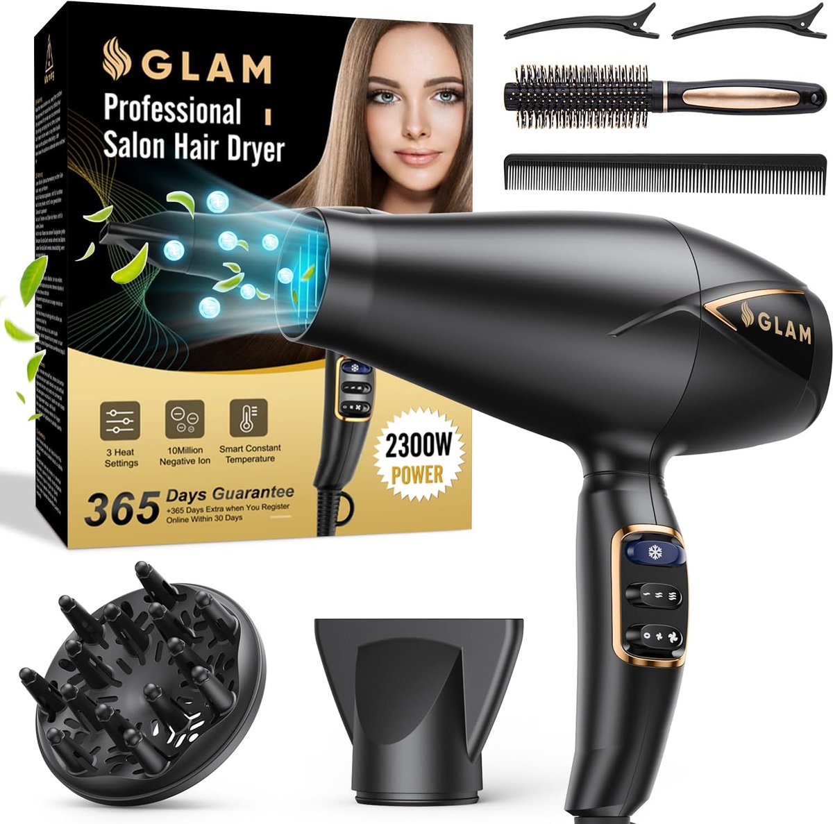 SnelShoppen - Professionele Haardroger 2300W, Krachtige AC Motor, Snelle Droogfunctie, 7 Styling Modi, 2 Snelheden, 3 Verwarmingen, Koelshotknop, Diff