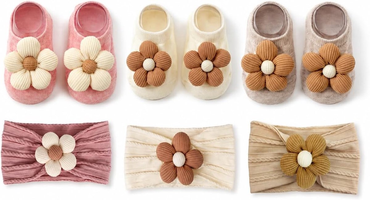 SnelShoppen - Set van 6 Bloemen Haarbanden en Stopper Sokken voor Baby Meisjes 0-24 Maanden - Schattige Accessoires voor Doop, Fotoshoot, Dagelijks Ge