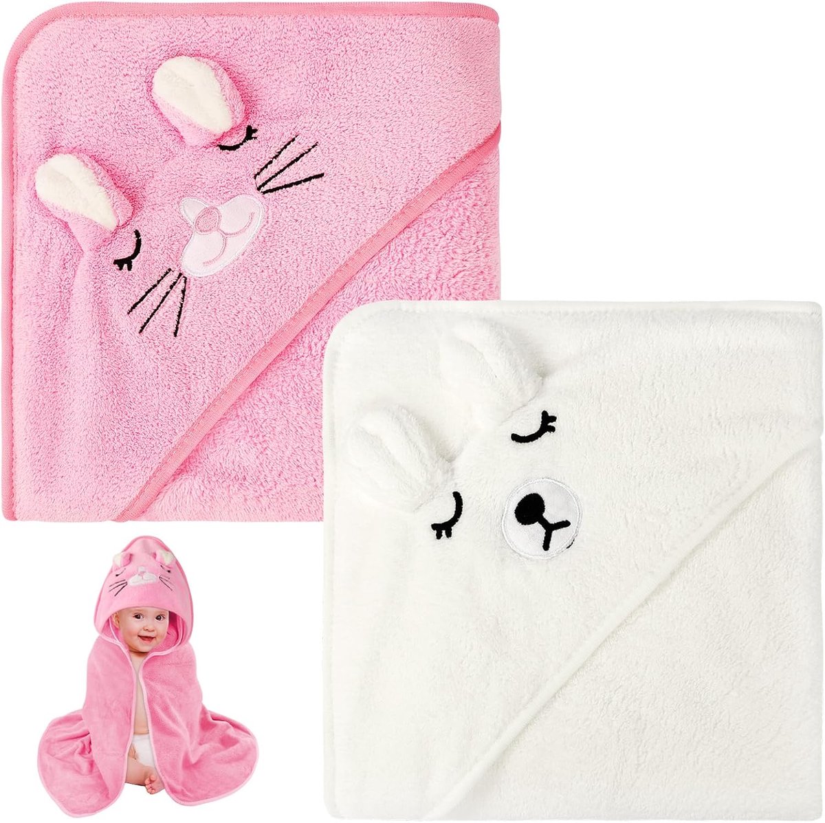 SnelShoppen - Baby Badcape met Kap, 2 Stuks, Zachte en Absorberende Hooded Handdoeken voor Kinderen, 80x80 cm, Wit/Roze, Ideaal voor Nieuwe ouders en