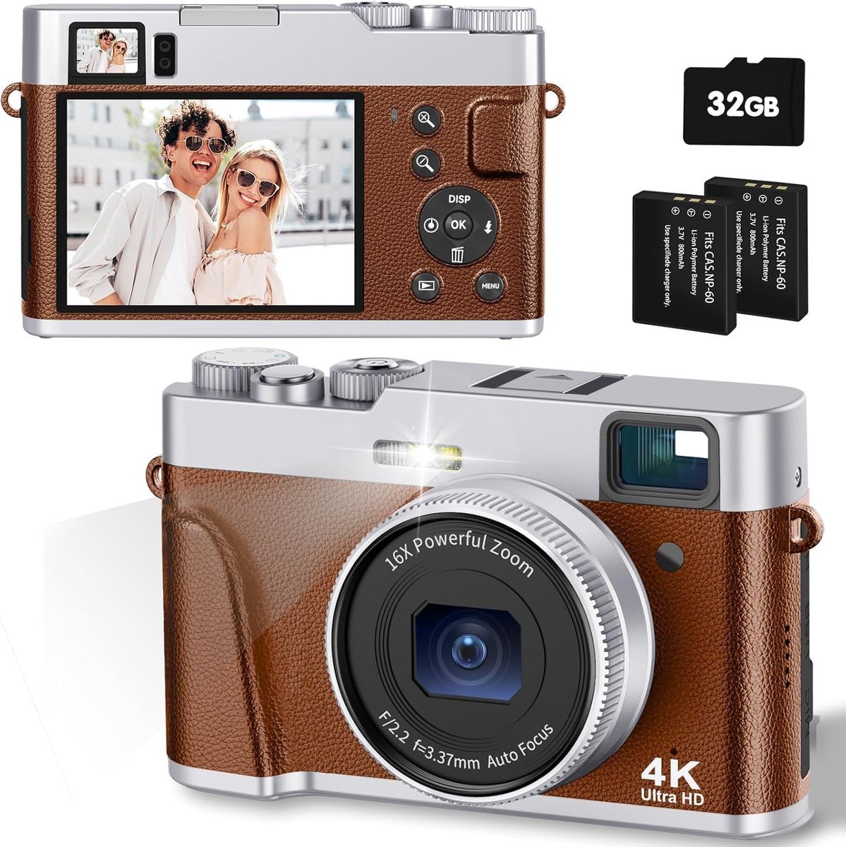 SnelShoppen - Digitale Camera 4K 48MP Compact Camera met 32G Kaart, Auto Focus, Optische Zoeker, Ideaal voor Kinderen en Reizen, Inclusief 2 Batterije