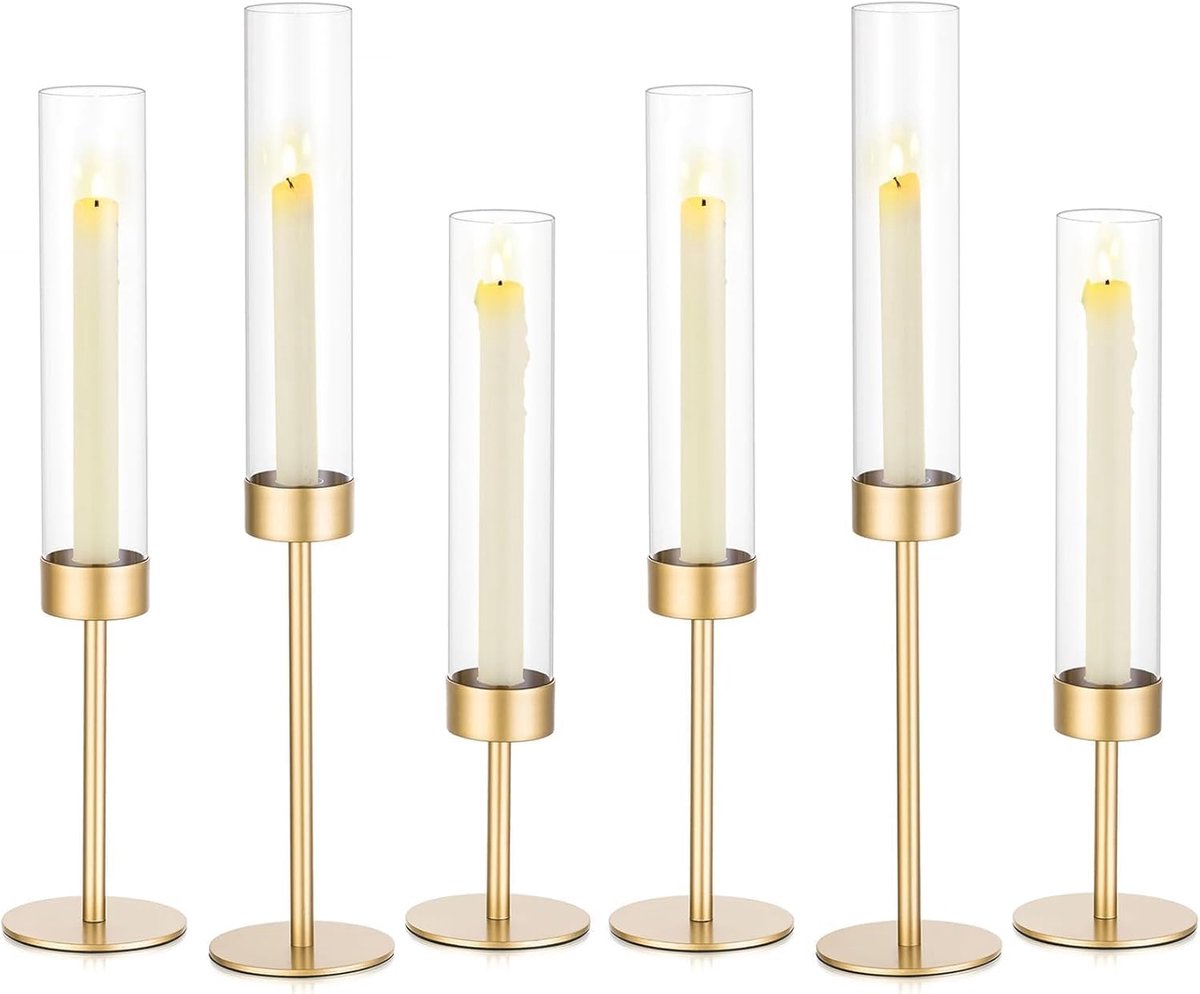 SnelShoppen - Set van 6 Romadedi Kaarsenhouders voor Stokkenkaarsen met Glazen Cilinder en Hoge Metalen Stand voor Kerst, Bruiloft, Diner en Feestdeco