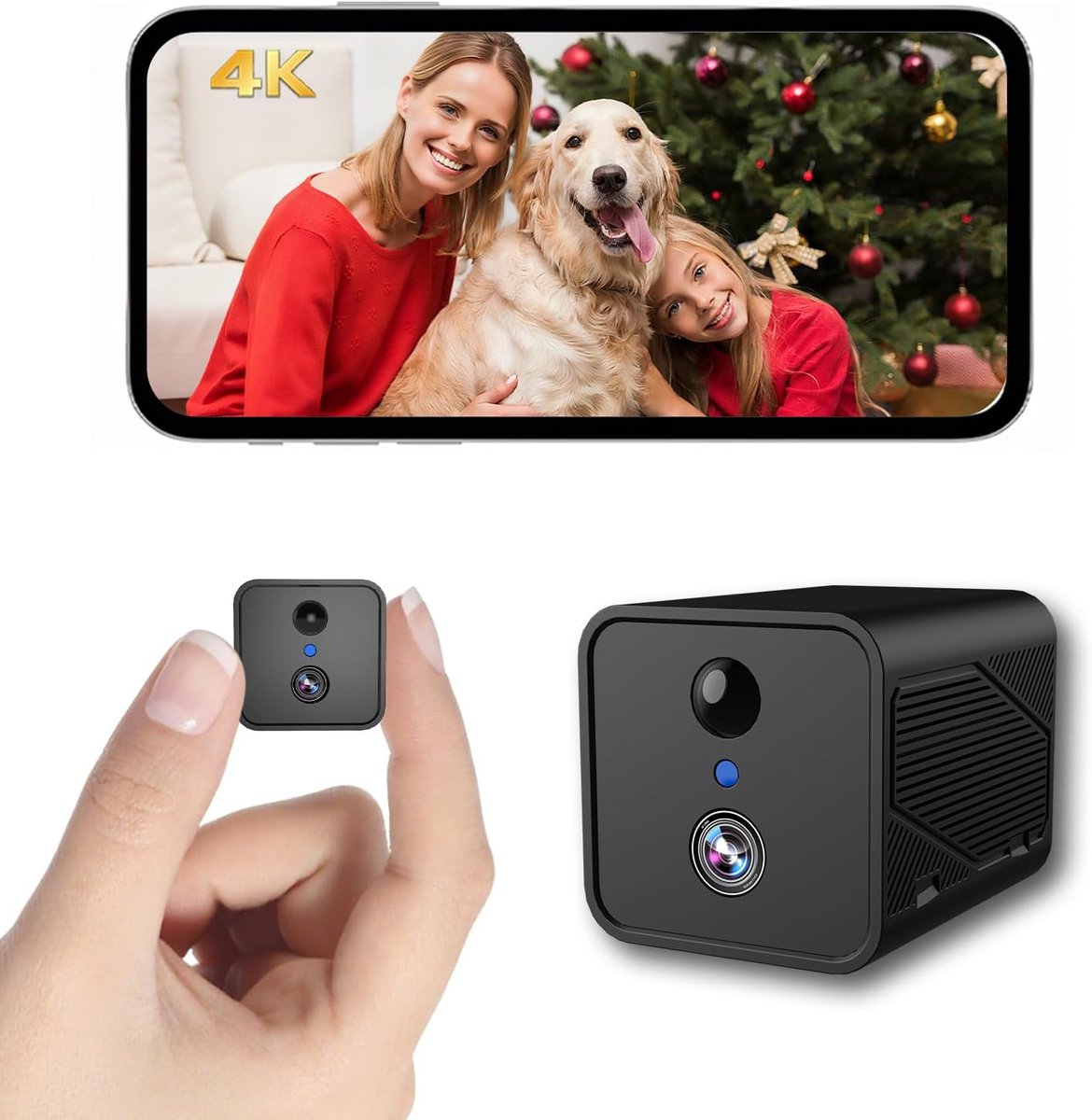 SnelShoppen - Mini Beveiligingscamera 4K, Draadloze Spionagecamera met Nachtzicht, 150° Kijkhoek, 50 Dagen Accuduur, Voor Thuis, Huisdieren, Kinderen