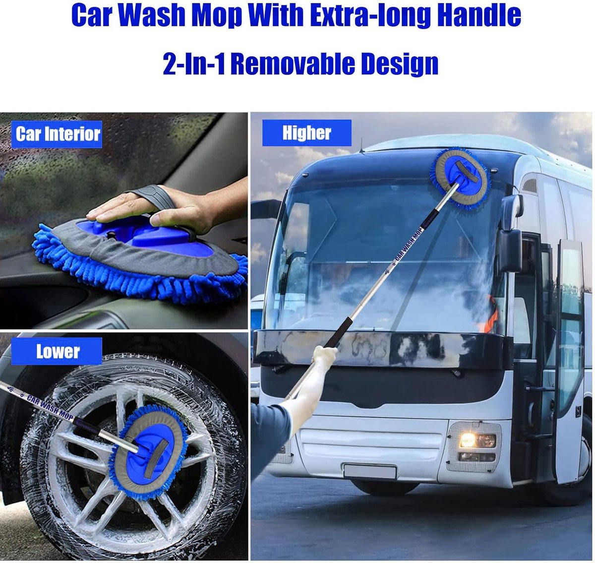 SnelShoppen - Car Wash Brush Set 2-in-1 met Super Lange Handgreep, Chenille Microfibre Mop en Vervangbare Mop Hoofden voor Auto's, Trucks, SUV's en Mo