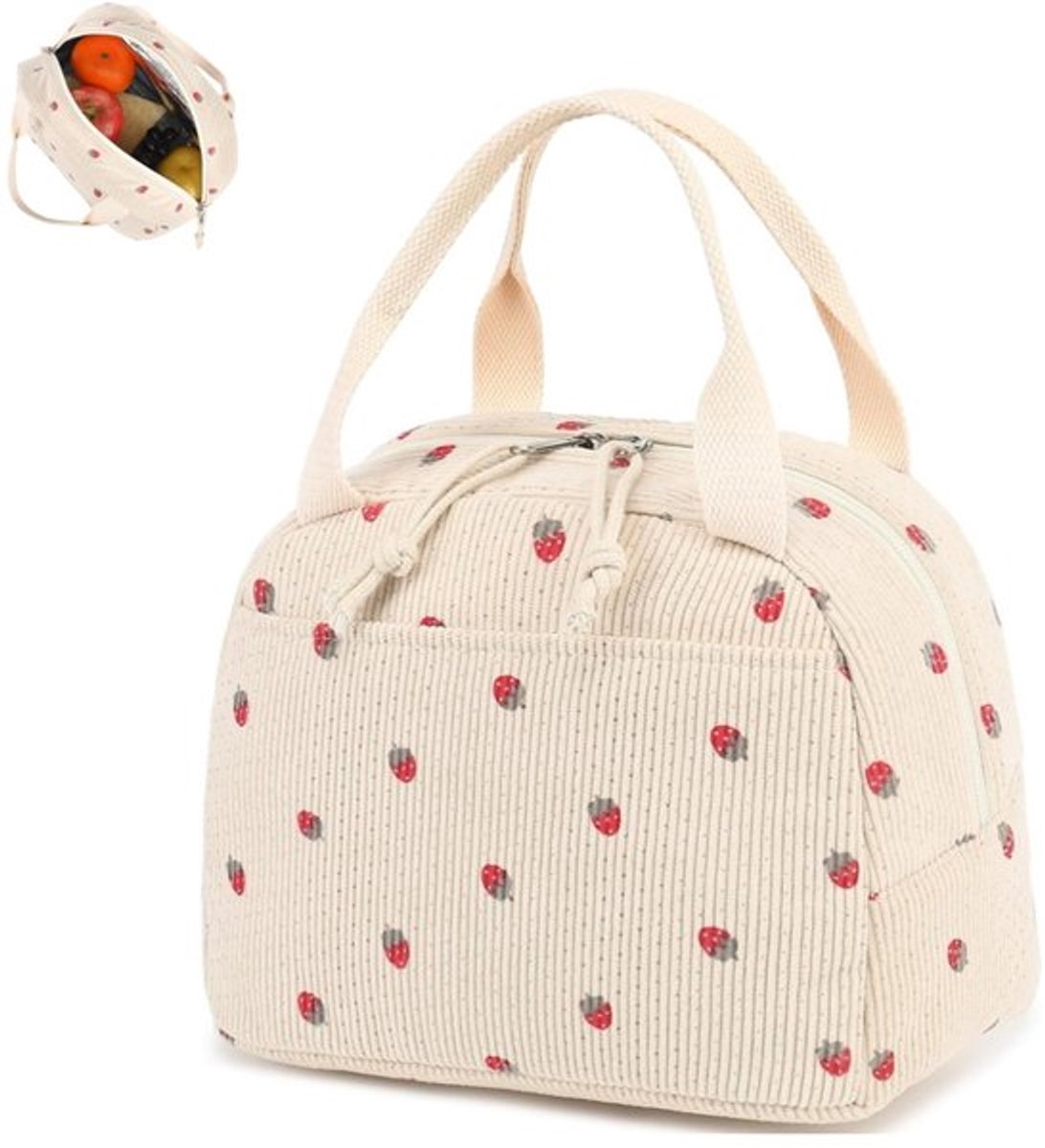 1 stuk - Geïsoleerde lunchtas - Geïsoleerde lunchtas met aardbeienprint - Corduroy lunchtas - Lekvrije en koelhoudende geïsoleerde tas - Herbruikbare geïsoleerde lunchbox - Picknicktas met folievoering - Geschikt voor werk, reizen, strand of picknick