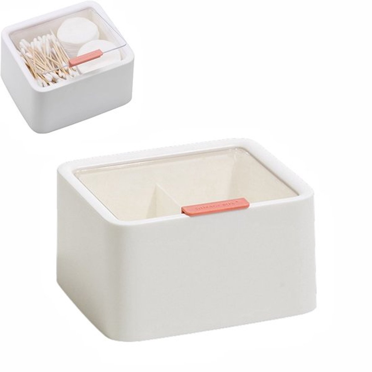 opbergdoosje voor wattenstaafjes met twee compartimenten - stofbescherming - wattenschijfjesdoosje - opbergdoos voor in de badkamer - 14,5*13*8 cm - geschikt voor het opbergen van wattenstaafjes en wattenbolletjes in de badkamer thuis - wit.