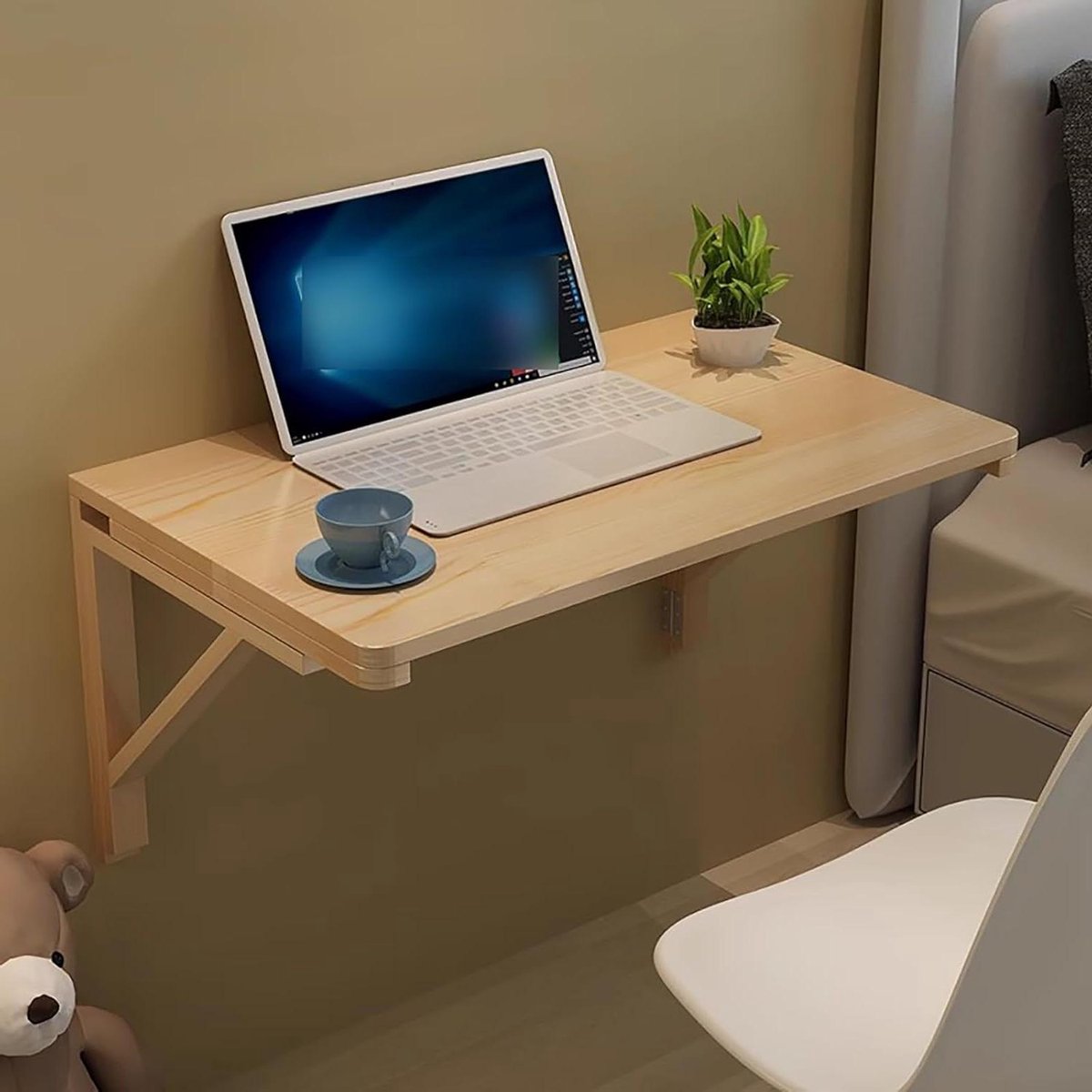Klaptafel Wandmontage - Bureau Inklapbaar - Ruimte Besparen - Stevige Ondersteuning - 100 x 60 cm - Houtkleur