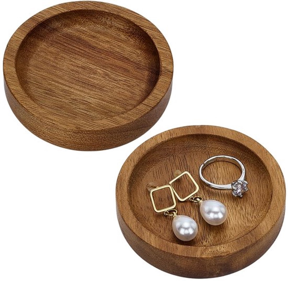 2 STKS Acacia Houten Ring Trays 70mm Diameter Platte Ronde Houten Sieraden Platen Kameel Kleur Houten Trinket Schotel Tray Voor Ringen Kettingen Oorbel Sieraden Sleutels Kleine Items