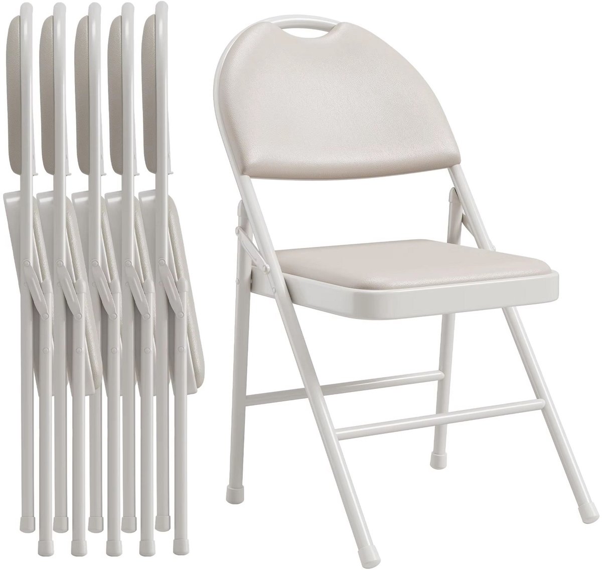 Set van 6 Opvouwbare Stoelen - Stapelbaar Comfort design met Rugleuning - voor feesten en kantoor - Beige PU Leer en Metaal - Grijs