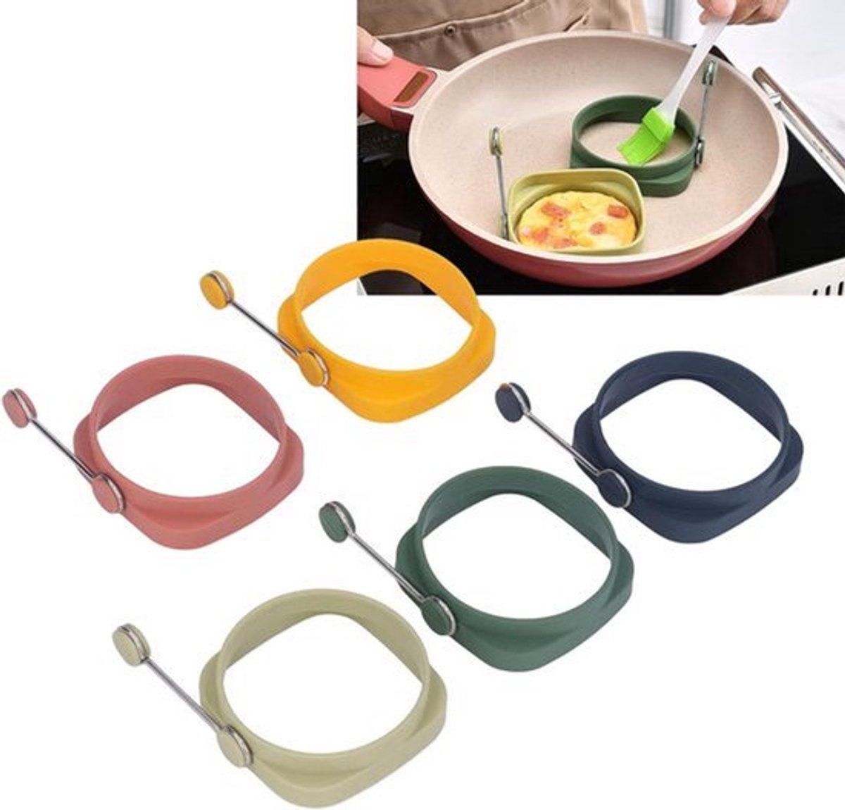 Eierfrituurringen Siliconen Dubbelzijdige Quadrate Ronde Dual-use Omeletvorm met Inklapbare Handgreep Anti-aanbak Ei Mcmuffin Maker voor Thuiskeuken - Set van 5