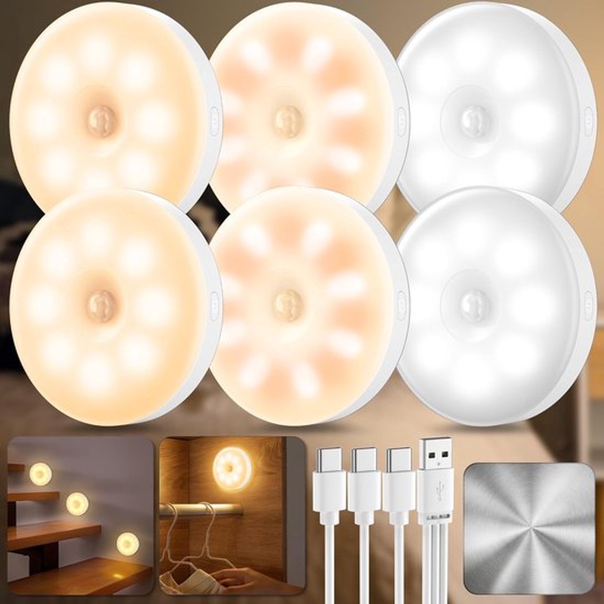 6 stuks nachtlampje met bewegingssensor USB oplaadbaar, lamp met bewegingssensor binnen, L