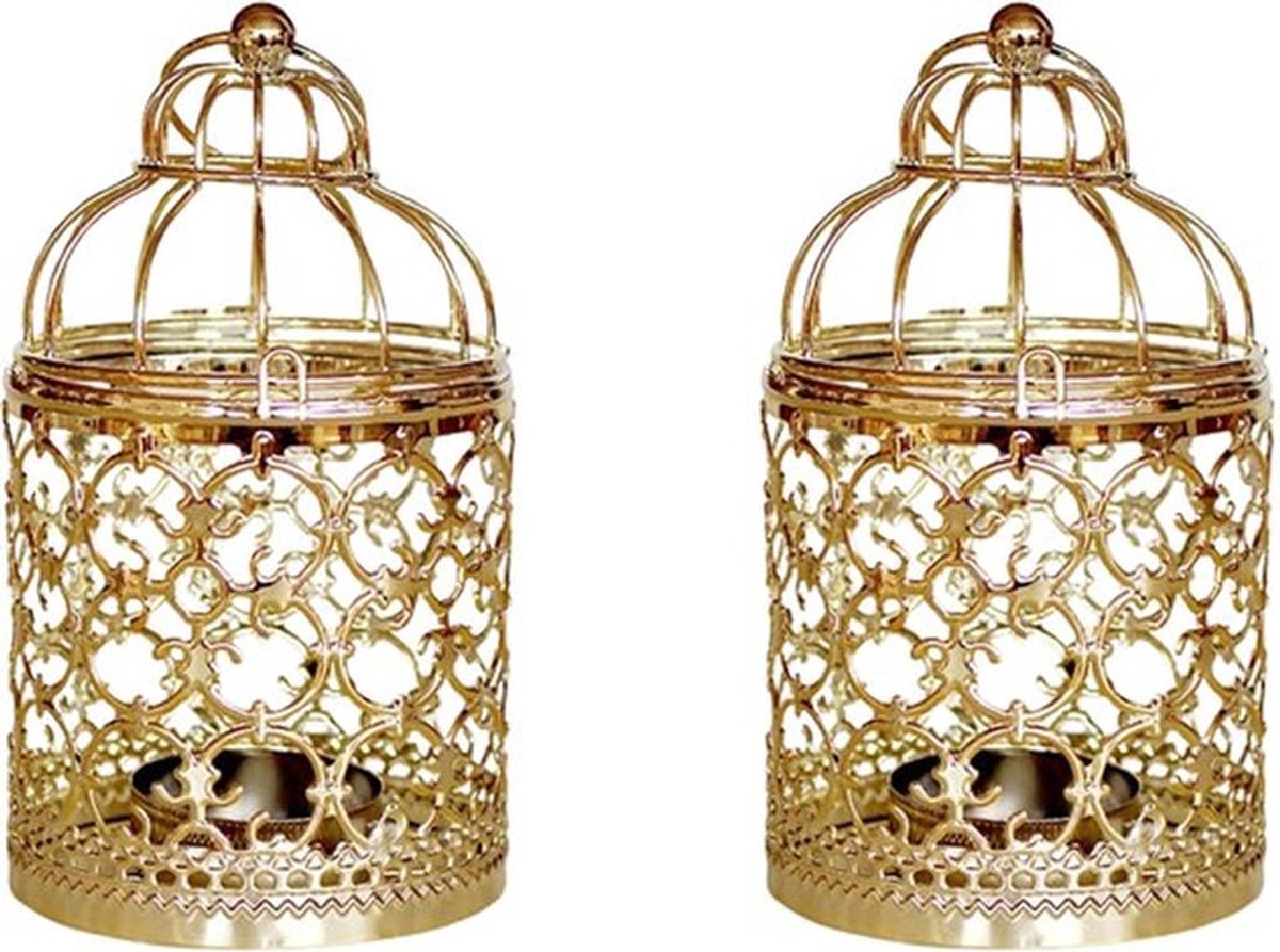 2 stuks kandelaar - goud - 8*8*14cm - Metalen vogelkooi met holle rand - ijzeren kaarsenhouder - hangende lantaarnhouder - bruilofts - en feestdecoratie
